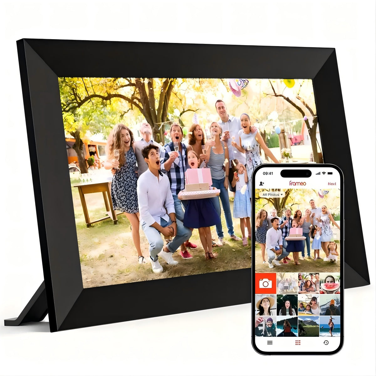 Digital photo frame displaying a family photo with a smartphone app interface.