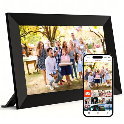 Digital photo frame displaying a family photo with a smartphone app interface.