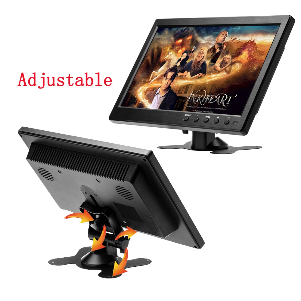 Adjustable monitor with a movie scene on the screen, showing its flexibility.
