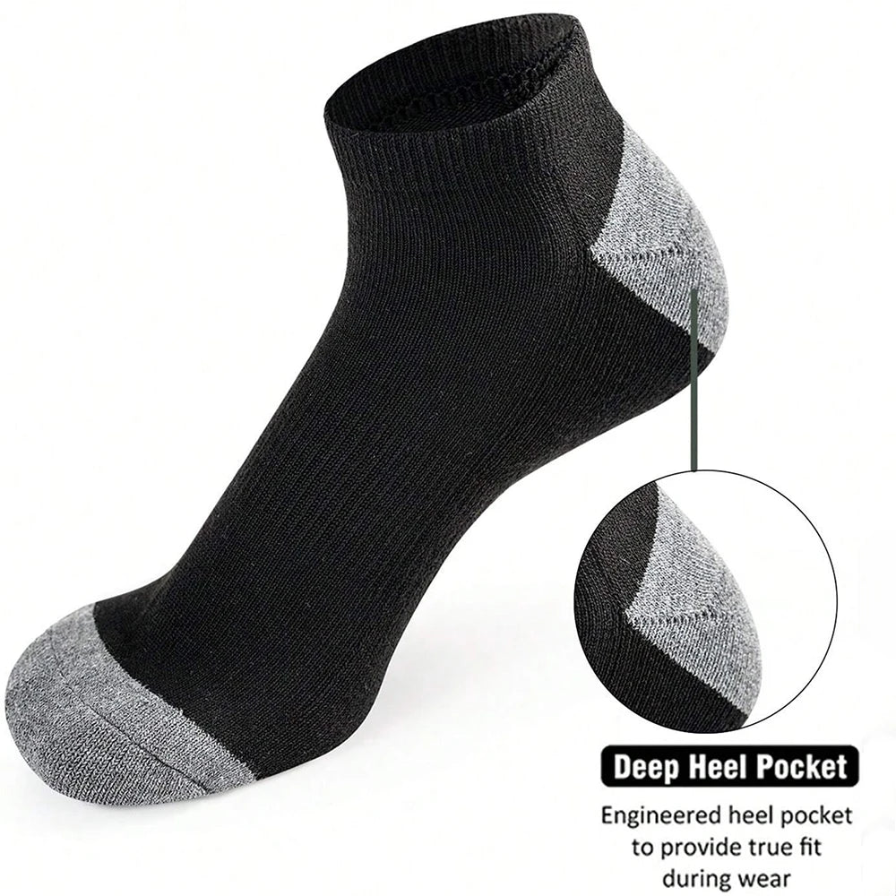 Black ankle sock with gray heel and toe on a white background