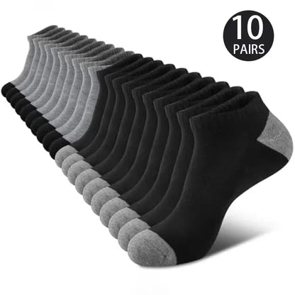 10 pairs of black and gray ankle socks on a white background