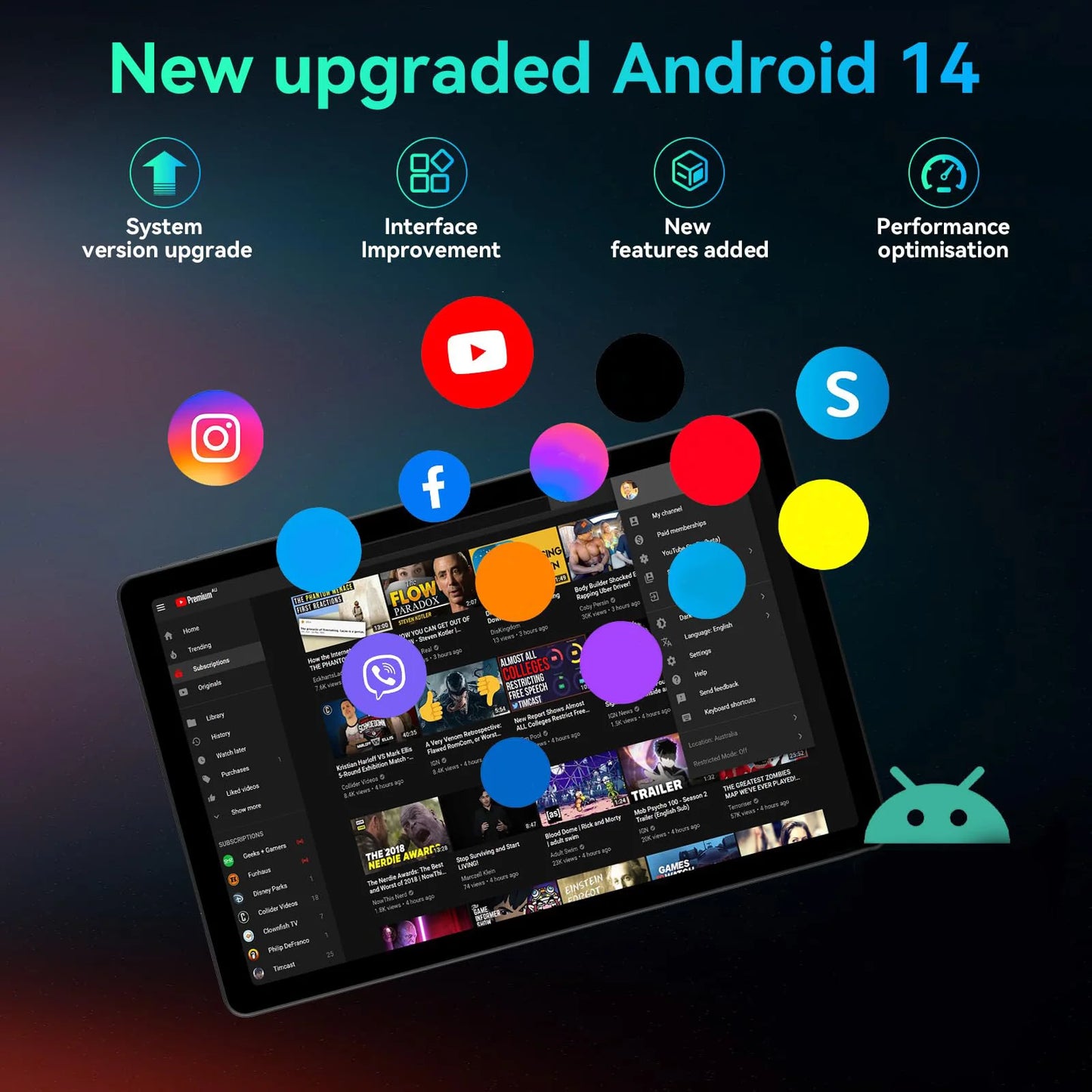 Promotional graphic for an upgraded Android 14 tablet interface, showing a tilted tablet screen with app thumbnails, colorful floating app icons, and text reading 'New upgraded Android 14' with feature callouts.