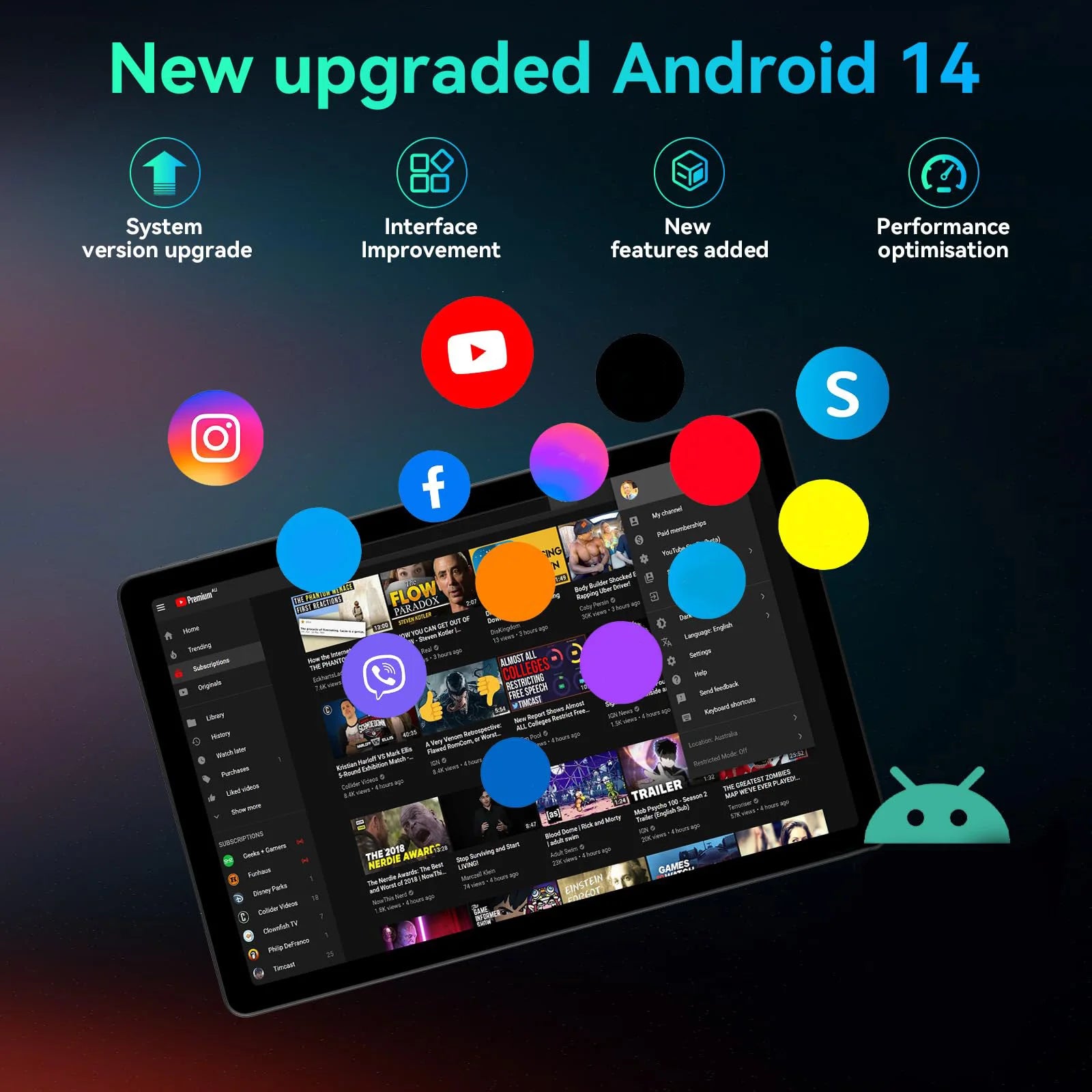 Promotional graphic for an upgraded Android 14 tablet interface, showing a tilted tablet screen with app thumbnails, colorful floating app icons, and text reading 'New upgraded Android 14' with feature callouts.