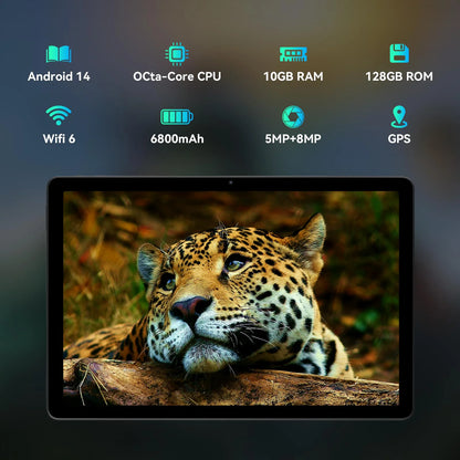 A tablet device centered on a dark blurred background, displaying a leopard image on its screen. Blue icons and text above highlight specs: Android 14, Octa-Core CPU, 10GB RAM, 128GB ROM, Wifi 6, 6800mAh, 5MP+8MP, and GPS.