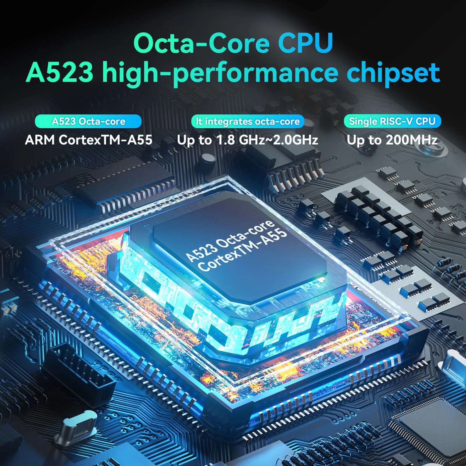 Promotional graphic for an A523 octa-core CPU chipset, showing a large highlighted processor chip on a detailed motherboard with glowing blue and orange circuitry. Text at the top reads 'Octa-Core CPU A523 high-performance chipset' with feature callouts for ARM Cortex-M-A55, up to 1.