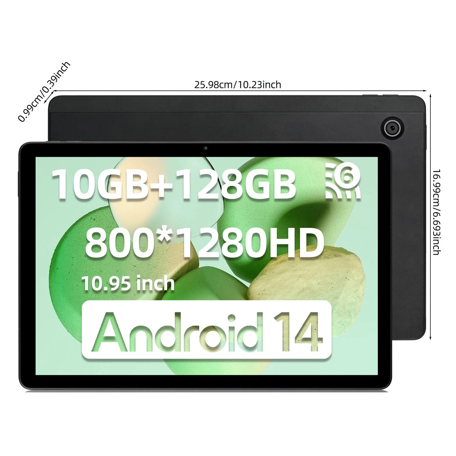 Black tablet shown from the front and back on a white background, with overlaid dimensions and text reading 10GB+128GB, 800*1280HD, 10.95 inch, and Android 14.