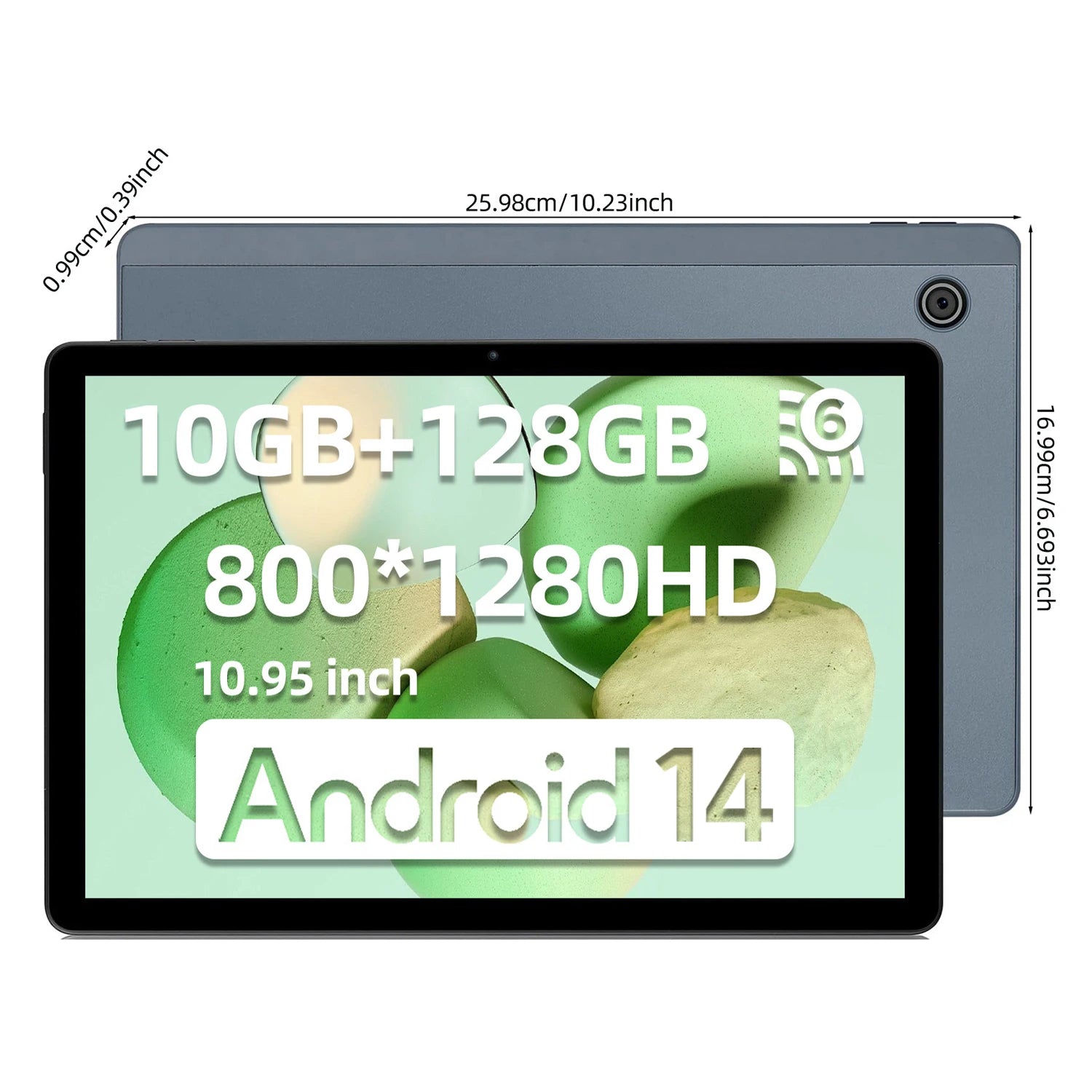A gray tablet shown from the front and back on a white background, with overlaid dimensions and screen text reading 10GB+128GB, 800*1280HD, 10.95 inch, and Android 14.