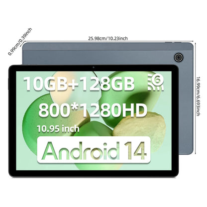 A gray tablet shown from the front and back on a white background, with overlaid dimensions and screen text reading 10GB+128GB, 800*1280HD, 10.95 inch, and Android 14.