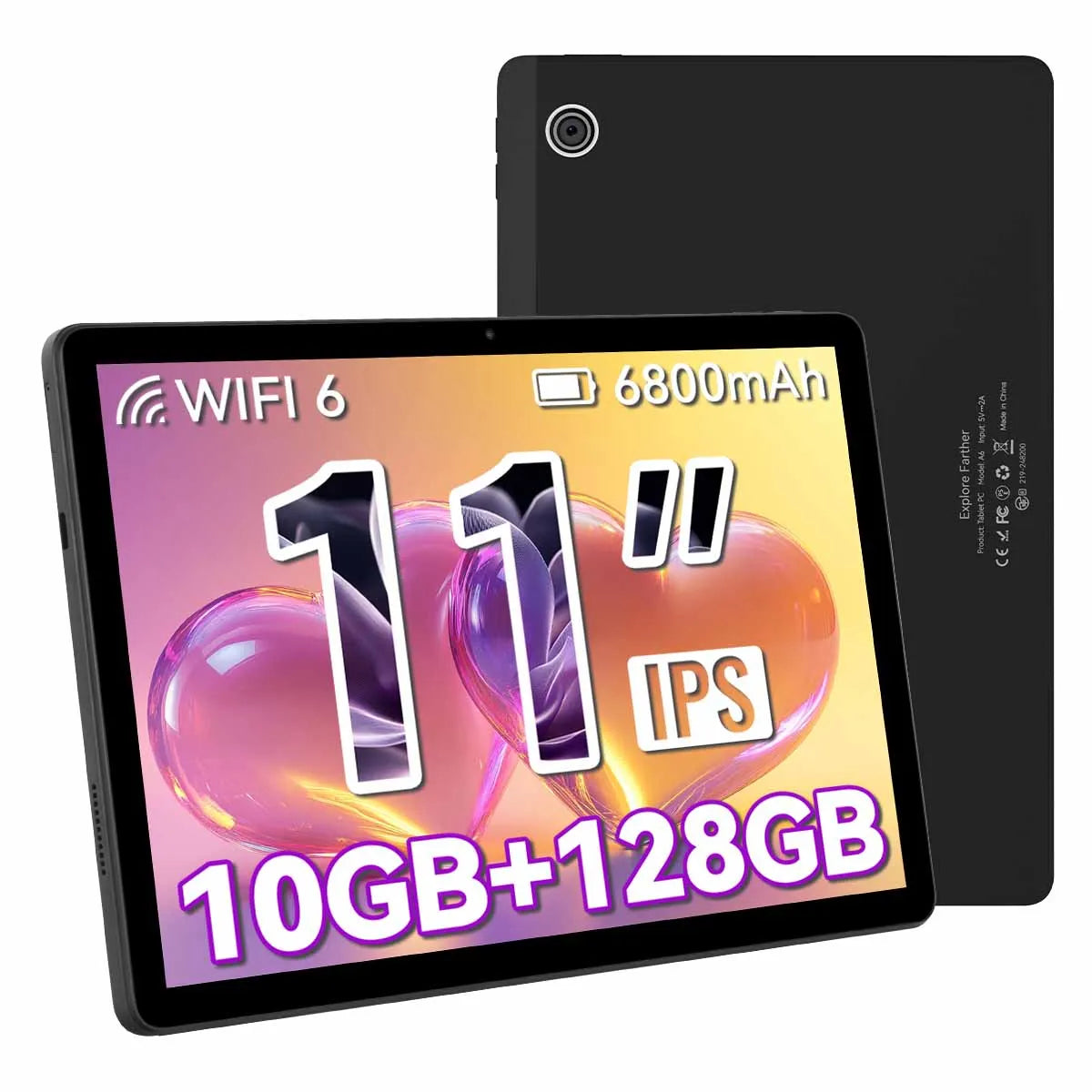 A black 11-inch WiFi 6 tablet shown from both front and back angles. The front screen displays colorful promotional graphics with text reading '11" IPS', 'WIFI 6', and '10GB+128GB'.