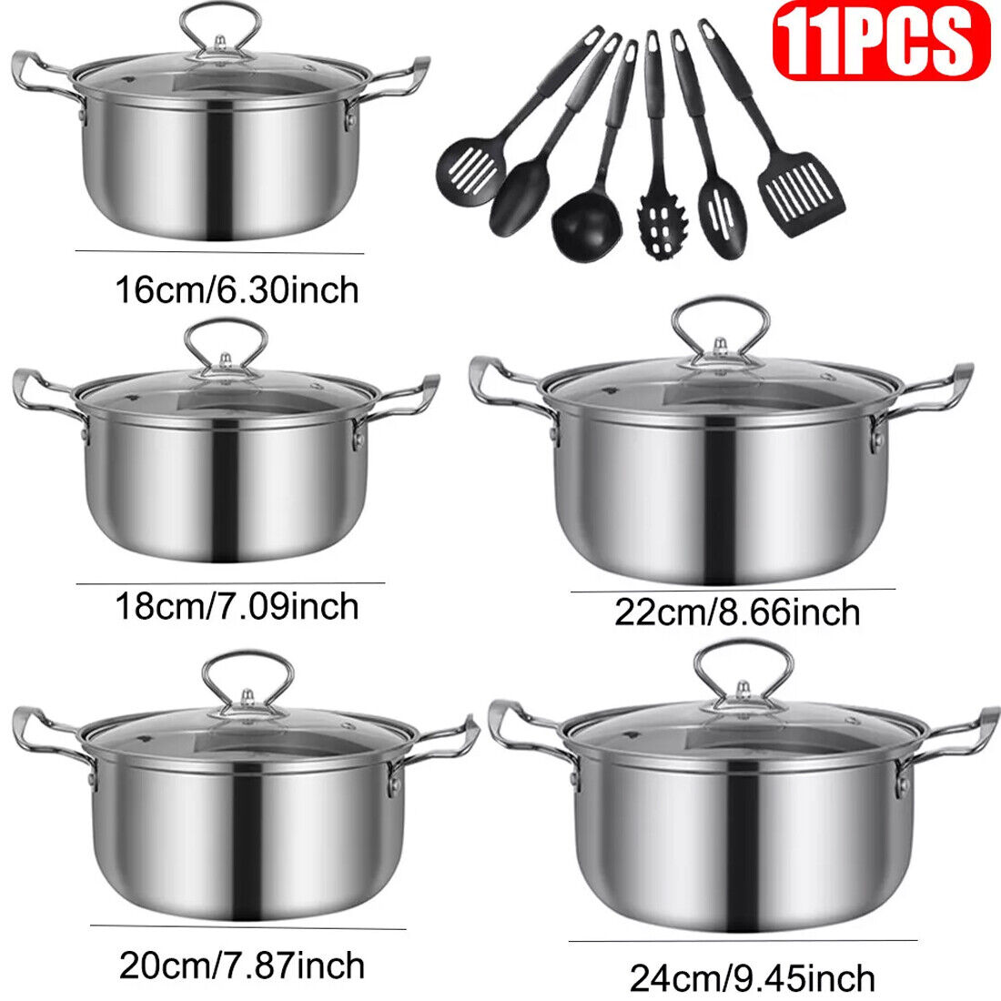 Set of stainless steel pots with sizes labeled and a set of kitchen utensils on a white background.