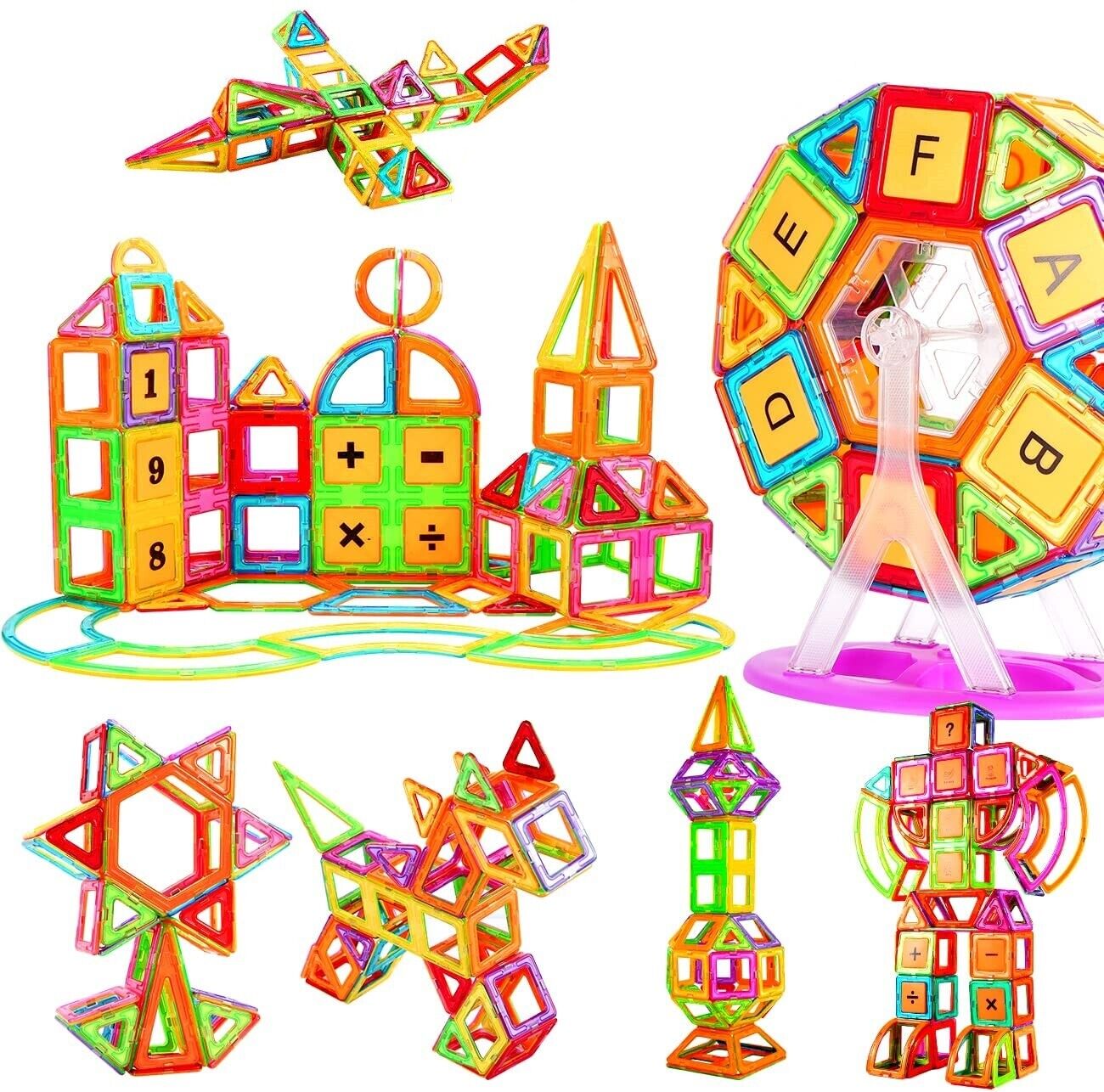 Colorful magnetic building blocks in various shapes and structures on a white background