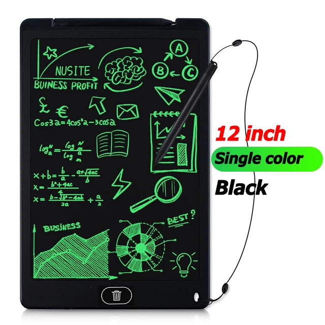 12-inch black electronic writing pad with green drawings and text on a white background