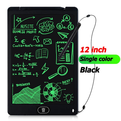 12-inch black electronic writing pad with green drawings and text on a white background