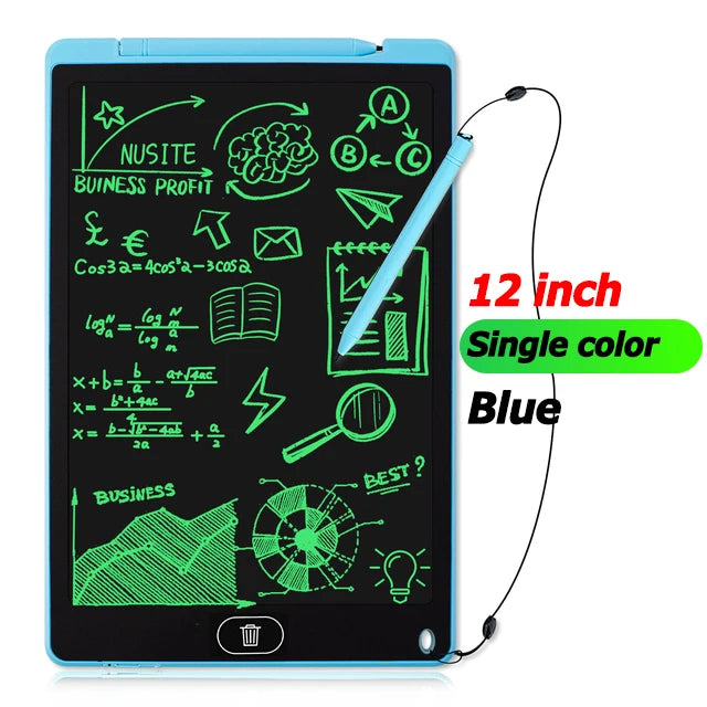 12-inch blue electronic writing pad with green text and diagrams on a white background