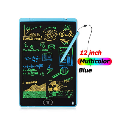 12-inch multicolor LCD writing tablet with a pen on a white background