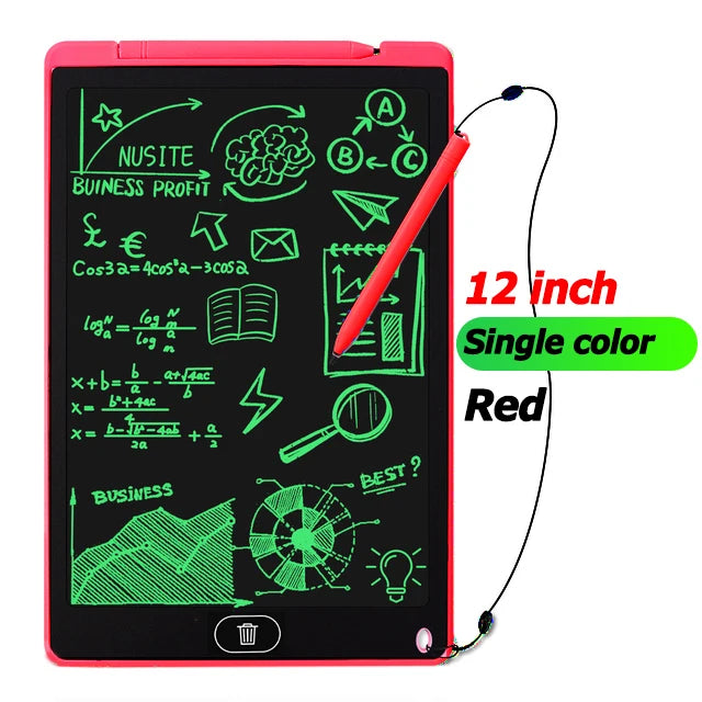 12-inch electronic writing pad with green text and red pen on a white background