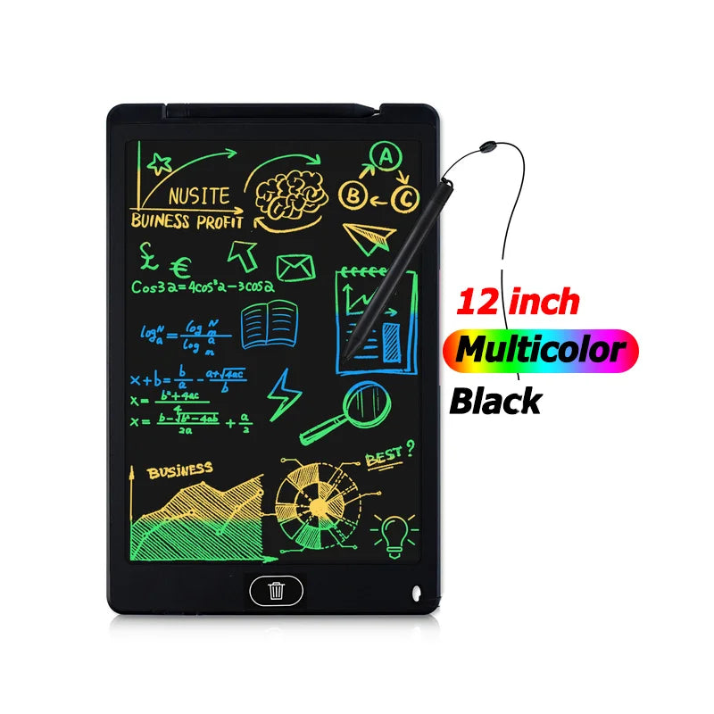 12-inch multicolor LCD writing tablet with a stylus on a white background