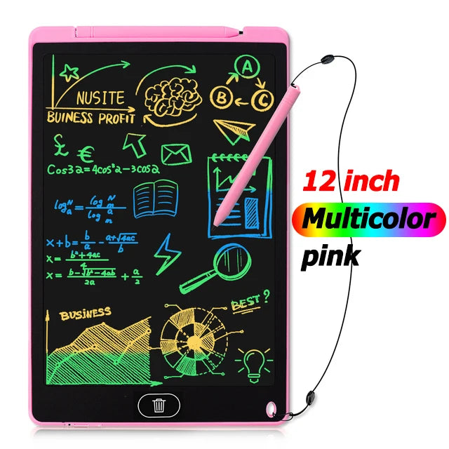 12-inch multicolor pink electronic writing pad with colorful text and graphics on a white background