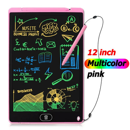 12-inch multicolor pink electronic writing pad with colorful text and graphics on a white background