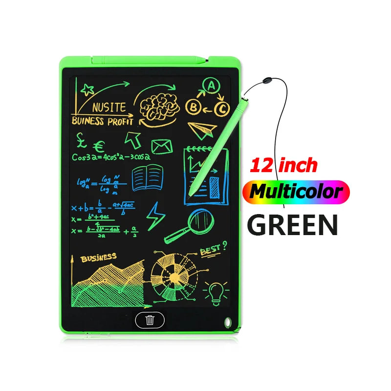 12-inch multicolor green electronic writing pad with a pen on a white background