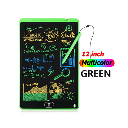 12-inch multicolor green electronic writing pad with a pen on a white background
