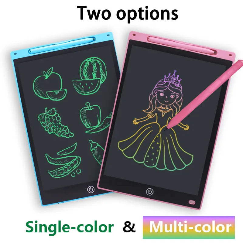 Two electronic drawing tablets with colorful drawings on a white background