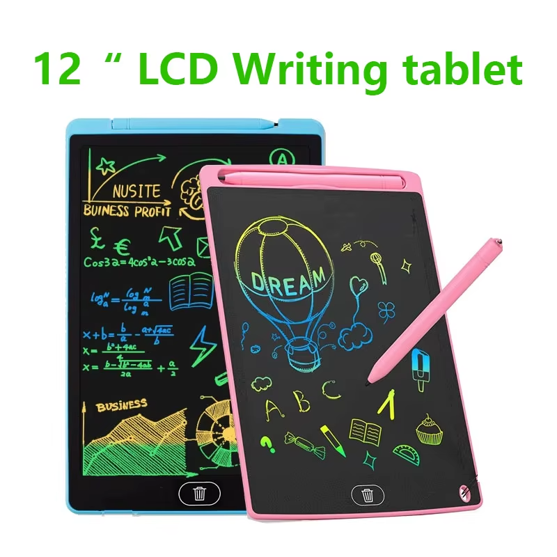 12-inch LCD writing tablet with colorful drawings and a pen on a white background