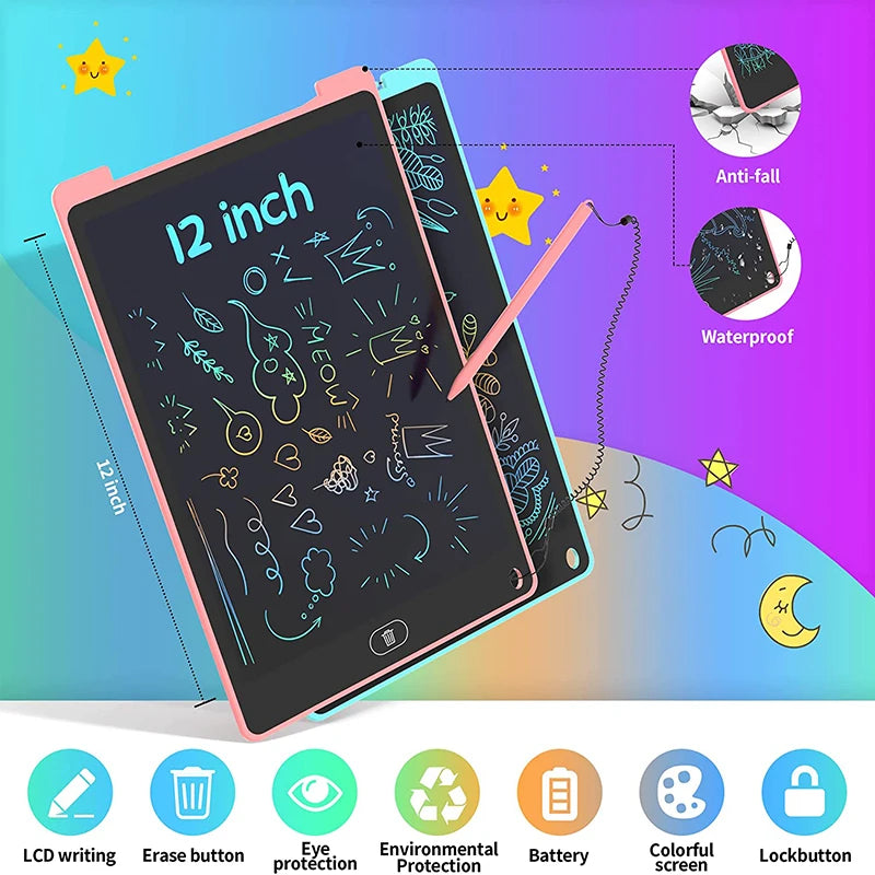 12-inch LCD writing tablet with pen on a colorful background