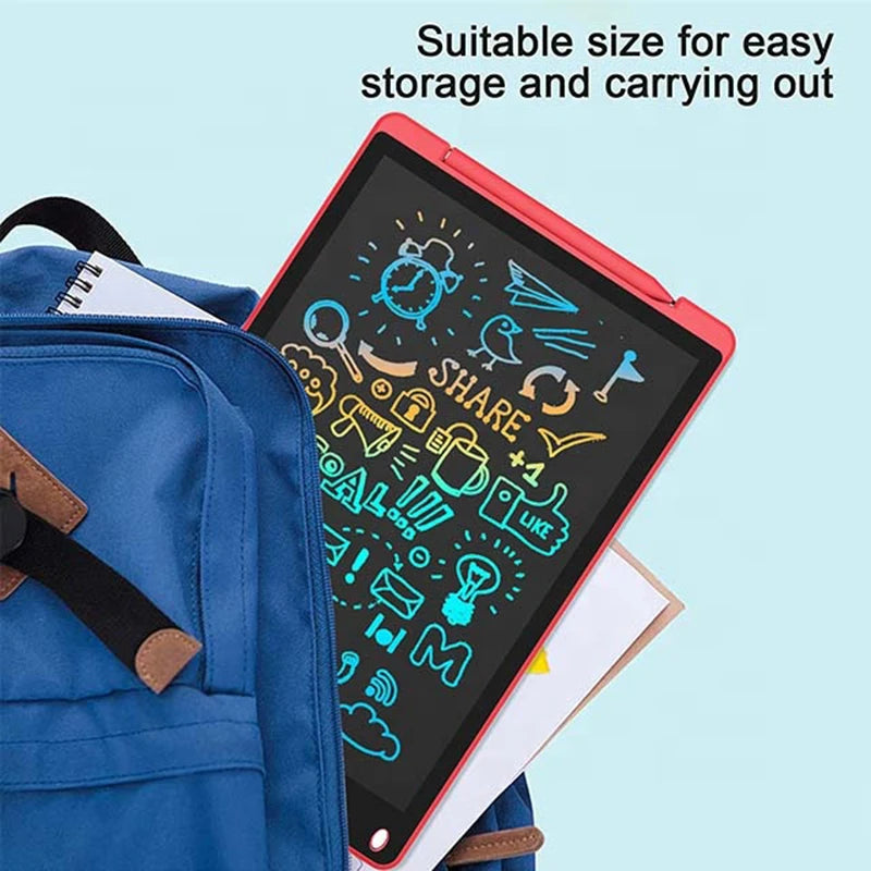 Small electronic device with colorful display on a blue backpack