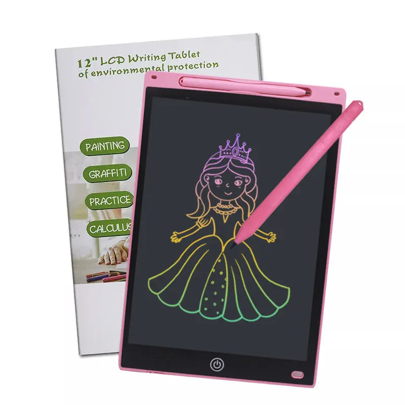 Pink LCD writing tablet with a princess drawing and packaging in the background