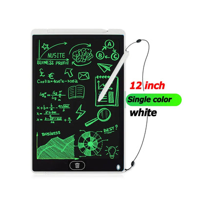 12-inch LCD writing tablet with green screen displaying diagrams and text, white stylus, on a white background.