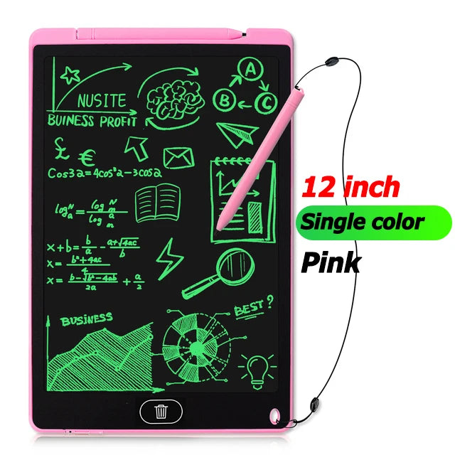 12-inch pink electronic writing pad with green text and diagrams on a white background