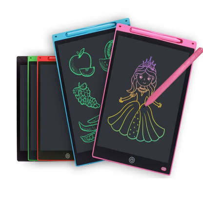 Four colorful electronic drawing boards with pens on a white background