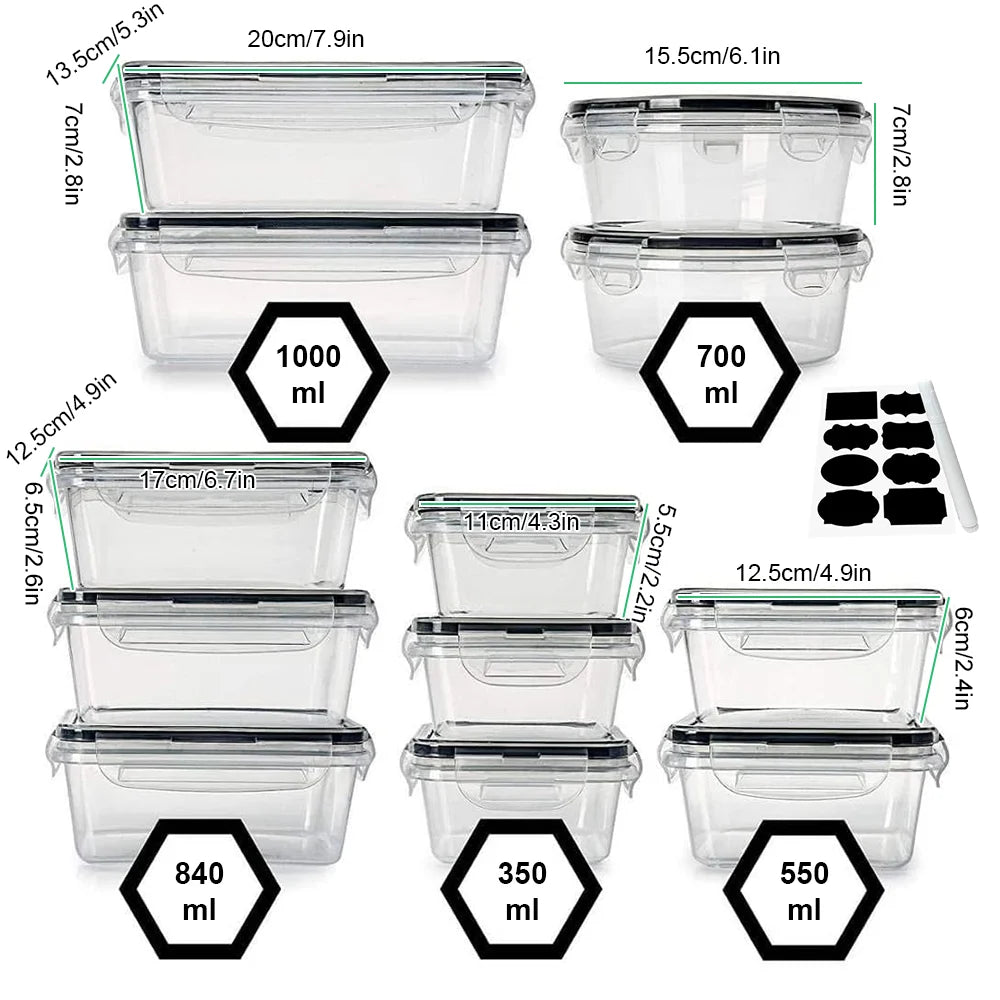 Set of clear food storage containers with measurements and volume indicators on a white background.