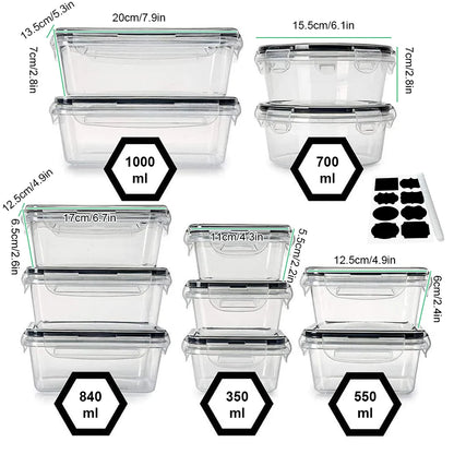 Set of clear food storage containers with measurements and volume indicators on a white background.