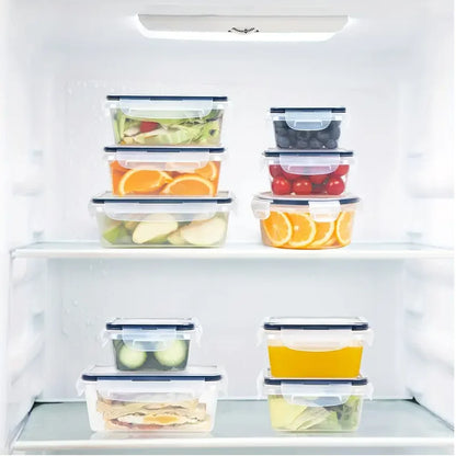 Set of food storage containers with lids on a refrigerator shelf.