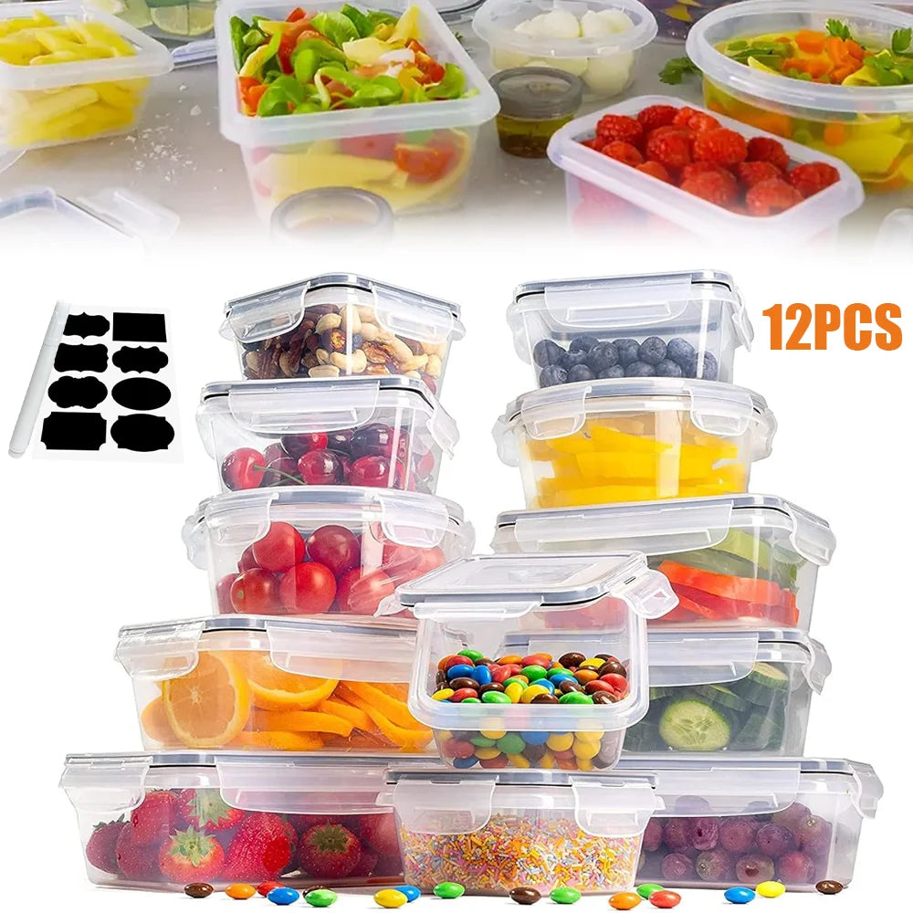 Set of 12 food storage containers with various food items inside on a white background.