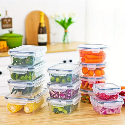 Set of food storage containers with stacked vegetables on a kitchen counter.