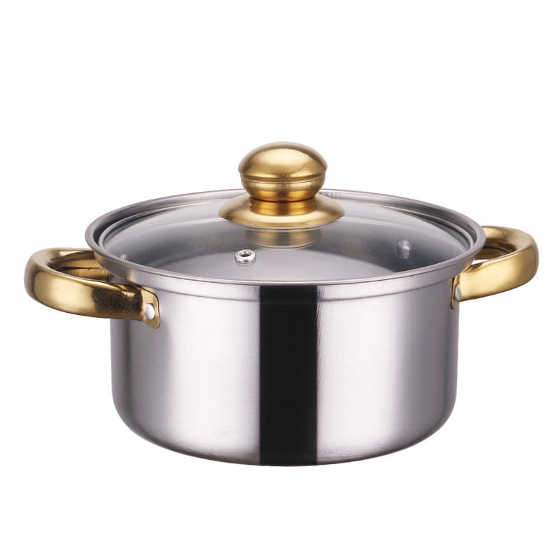 Stainless steel pot with gold handles and lid on a white background