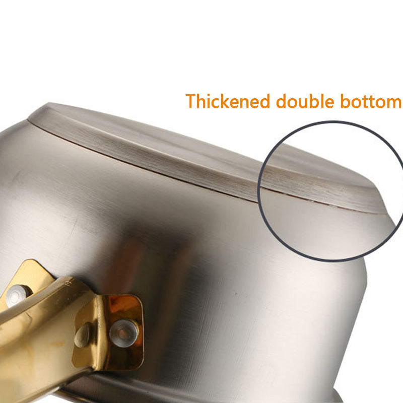 Stainless steel pot with gold handle and 'Thickened double bottom' text on a white background
