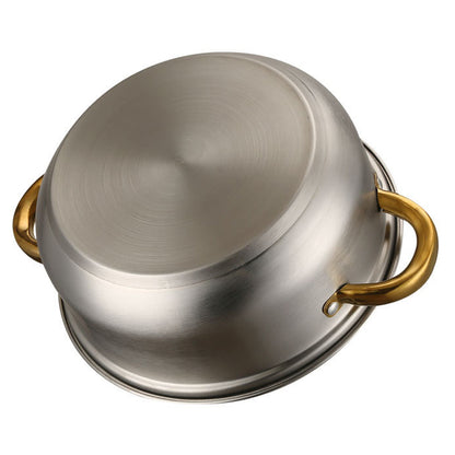 Stainless steel pot with gold handles on a white background