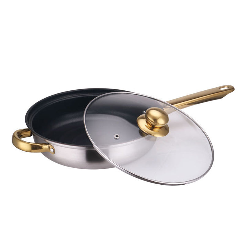 Stainless steel frying pan with a glass lid and gold handles on a white background