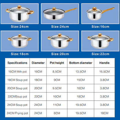 Set of stainless steel pots with sizes 16cm, 18cm, 20cm, 22cm, and 24cm displayed against a blue background.