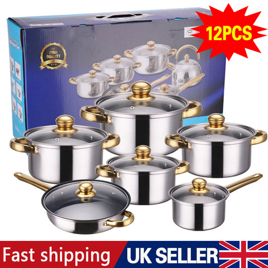 Set of stainless steel cookware with gold handles in front of a blue box packaging, featuring '12PCS' and 'UK SELLER' text.