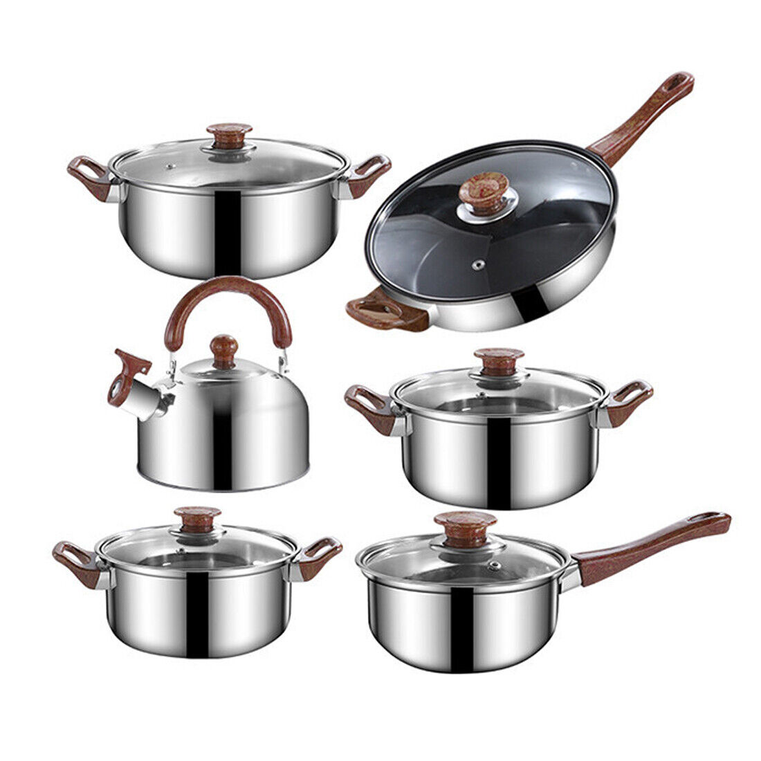 Set of stainless steel cookware with wooden handles on a white background