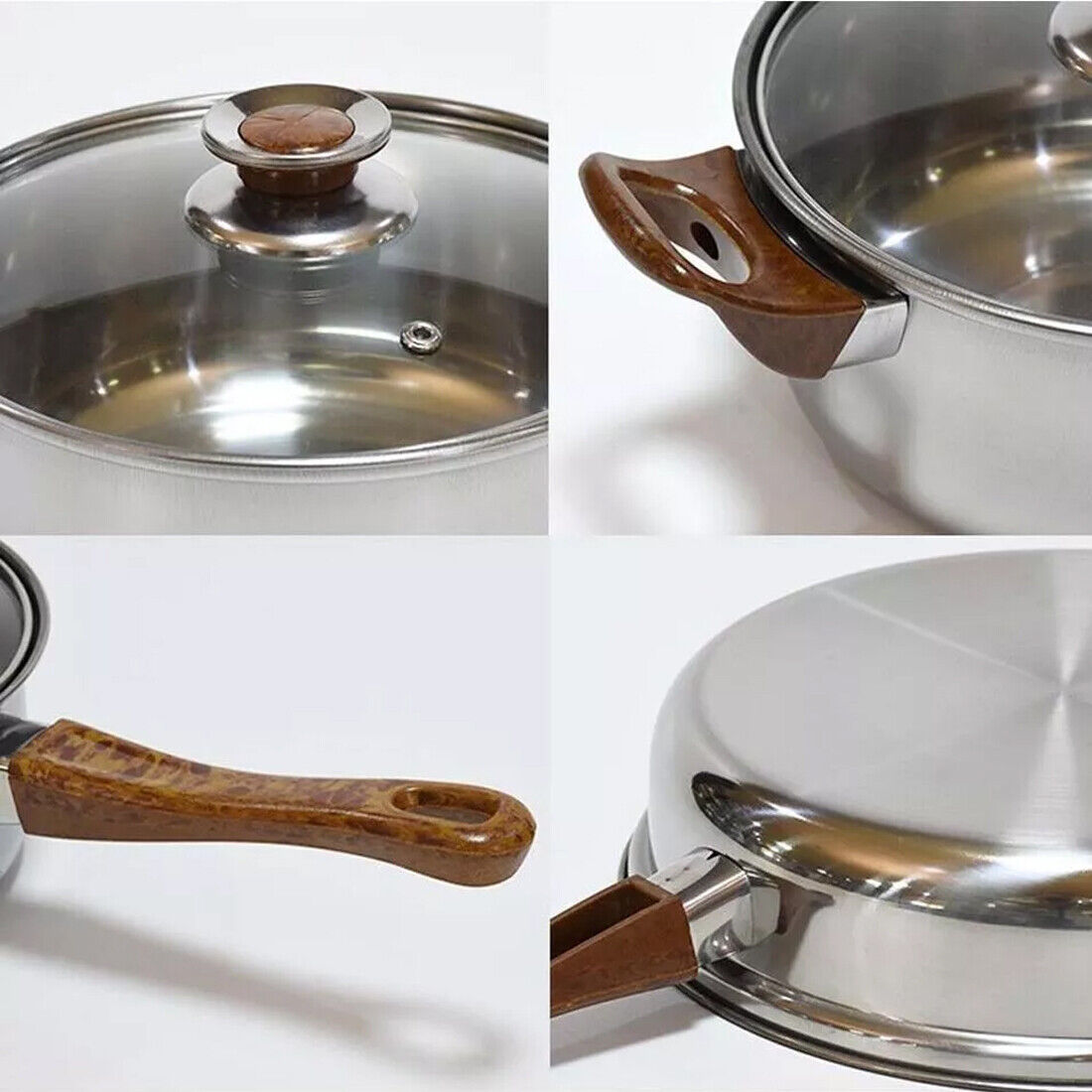 Collage of a stainless steel pot with wooden handle and lid knob on a white background