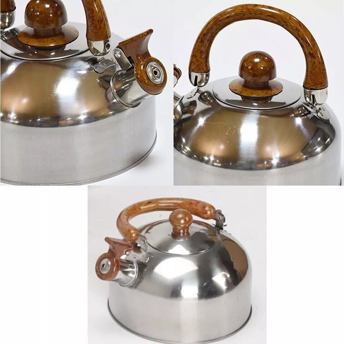 Stainless steel kettle with wooden handle and lid knob on a white background
