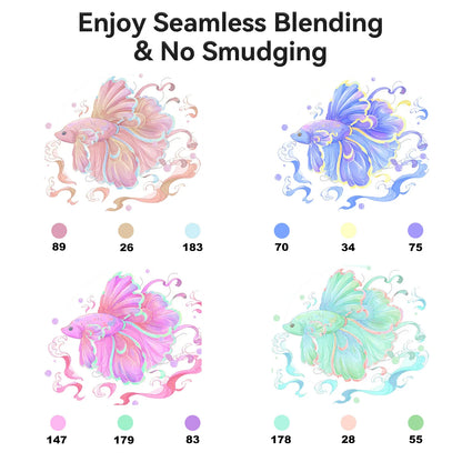 Color swatches with fish illustrations and blending numbers on a white background