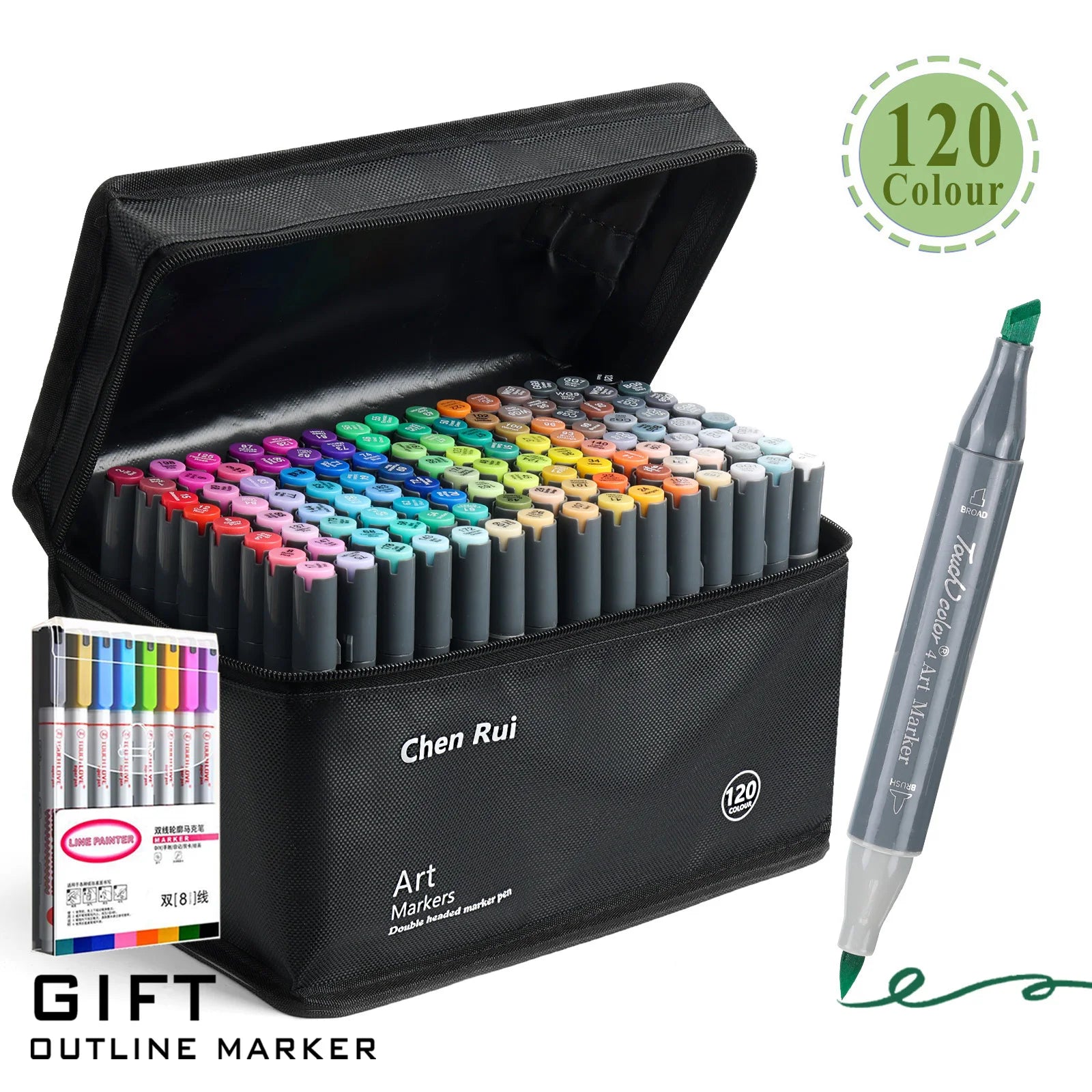 Set of art markers with a carrying case and gift outline marker on a white background