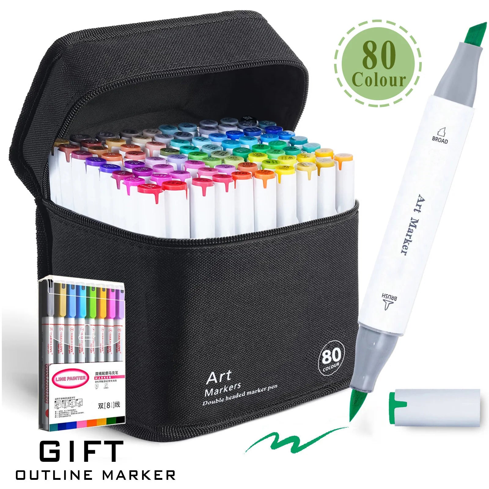 Set of 80 color art markers with a carrying case and gift outline marker on a white background